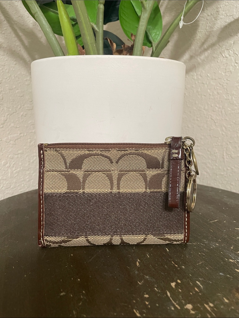 Coach Brown Signature Canvas Card Holder with Key Ring